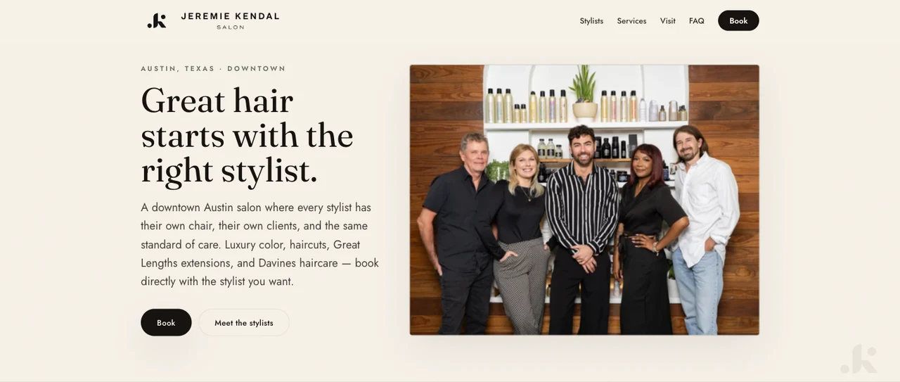 The Jeremie Kendal Salon homepage, with its stylist introduction and booking links.