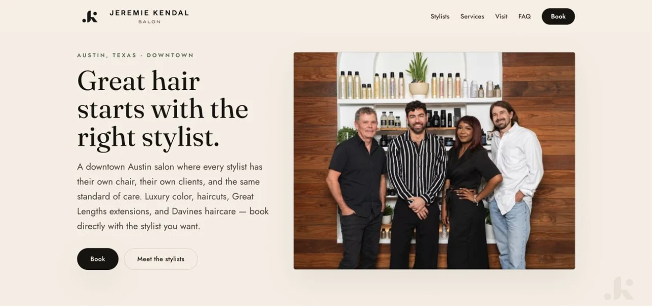 The Jeremie Kendal Salon homepage, with its stylist introduction and booking links.