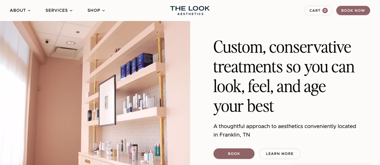 The Look Aesthetics homepage, with its treatment introduction, booking, and shop navigation.