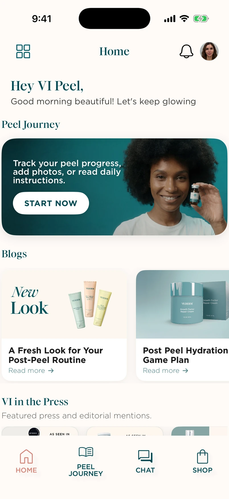 The VI Peel consumer app home screen, with Peel Journey, skincare articles, and app navigation.