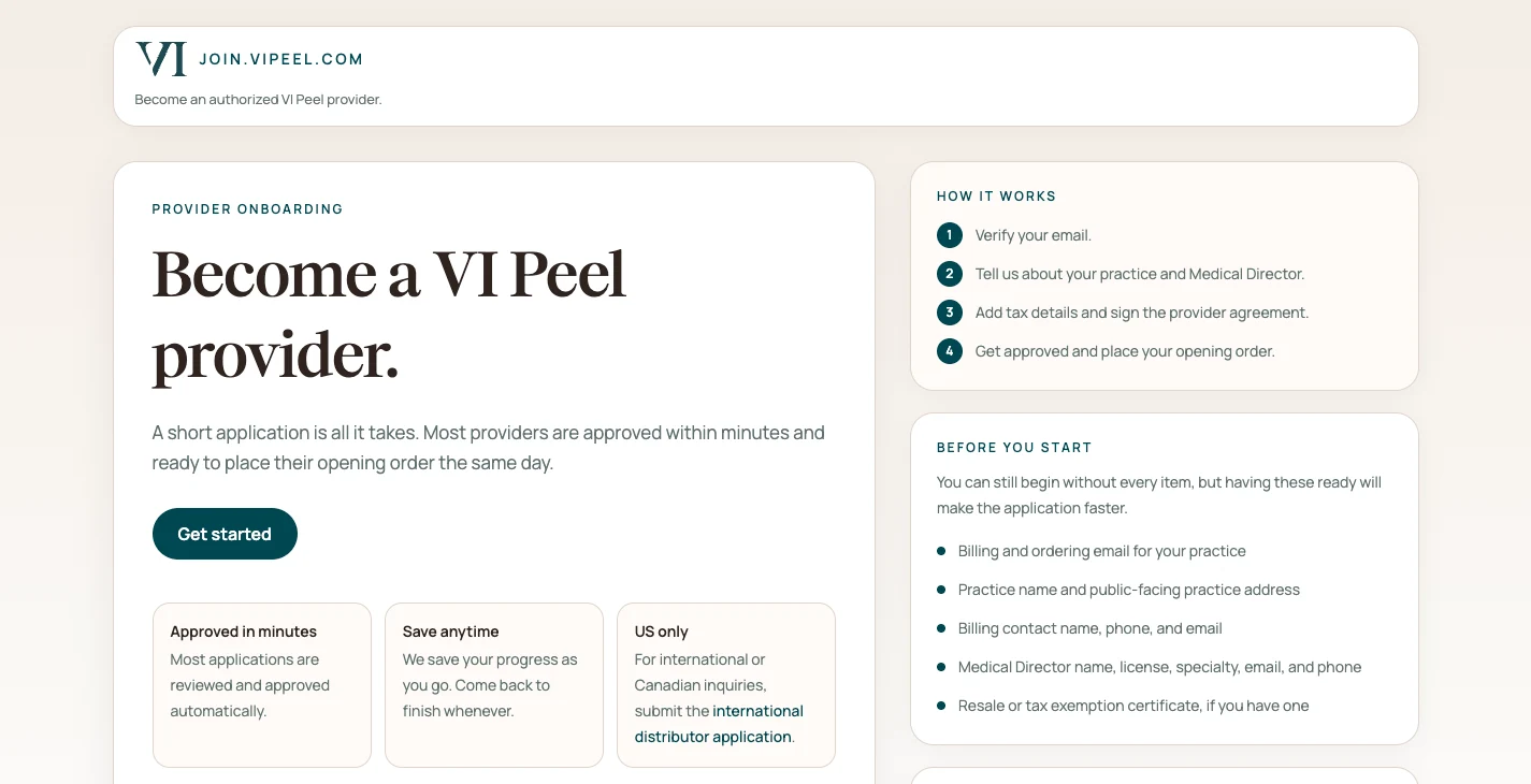 The public VI Peel practitioner onboarding website, introducing the provider application and next steps.