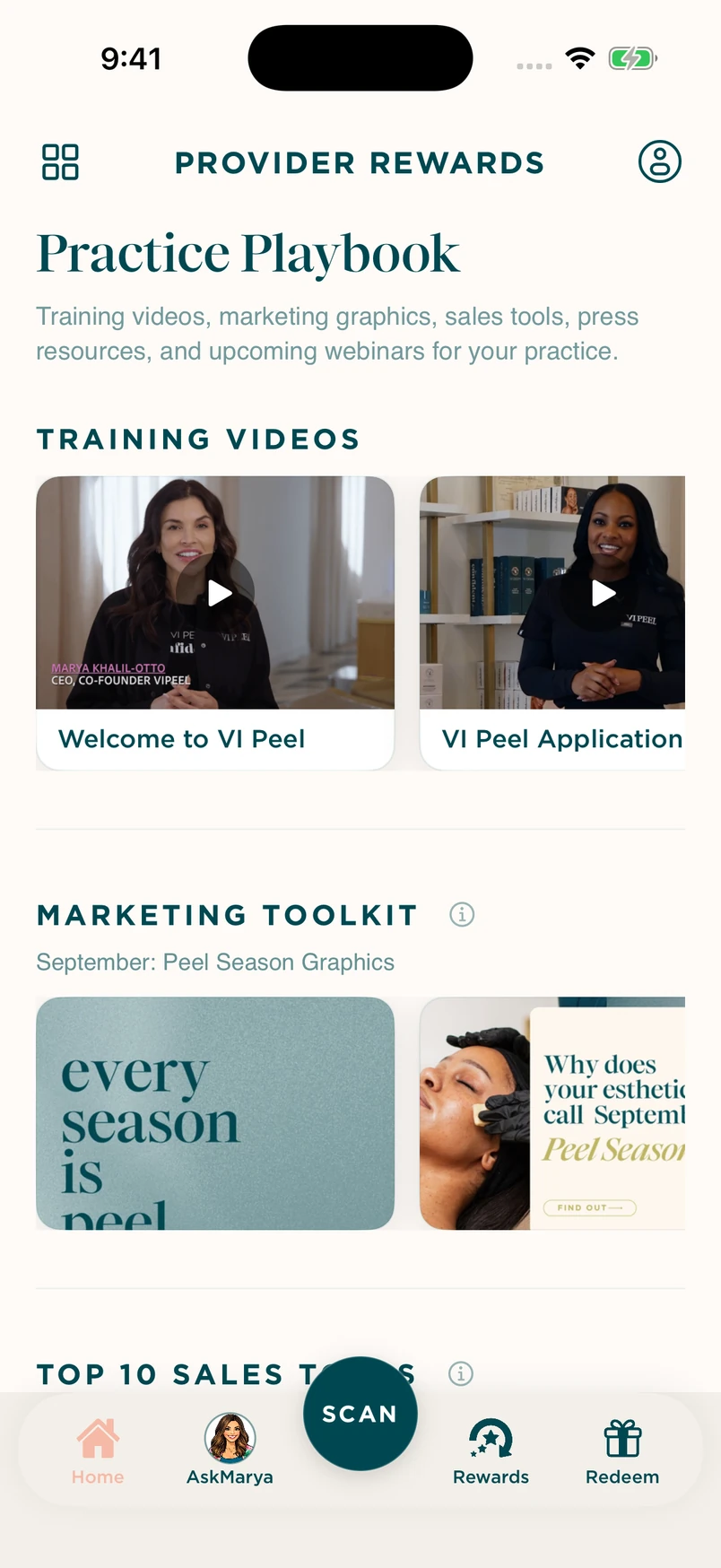 The VI Peel practitioner app’s Practice Playbook, with training videos, marketing resources, and Ask Marya navigation.